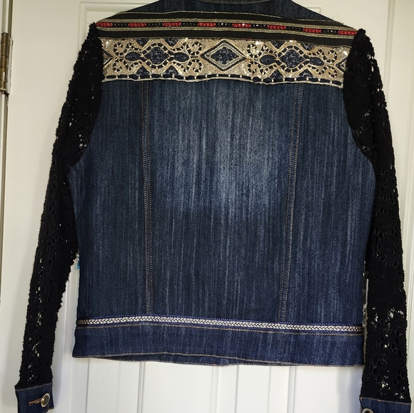 Blue Denim Embroidered Jean Jacket, Black Crocheted Lace Sleeves BOHO by MISHCA - Picture 4 of 7